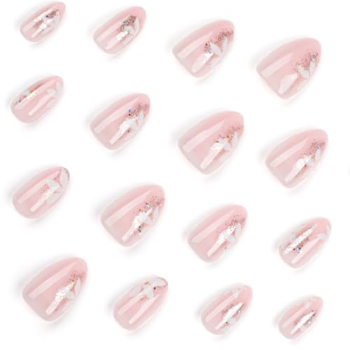 Glitter Pink Press On Nails with Flower Designs Short French Tip False Nails