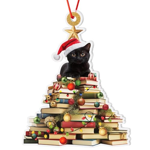 Haooryx Black Cat Christmas Ornament - Acrylic Book Lover Decor