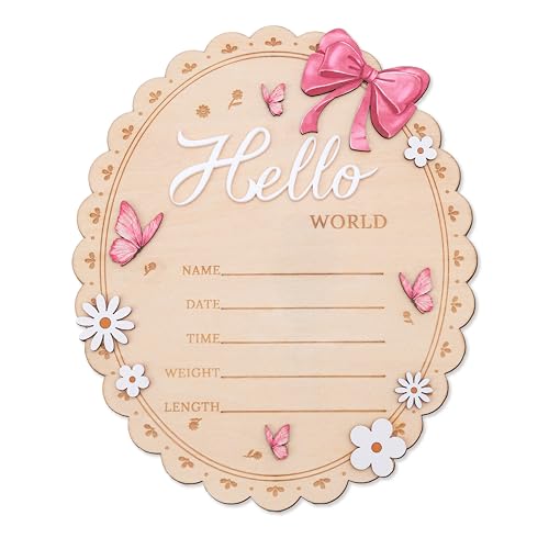 Hello World Wooden Baby Birth Announcement Sign - Oval Floral Keepsake