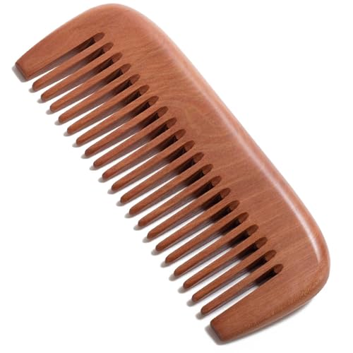 Natural Wooden Hair and Beard Comb Anti-Static Peachwood Scalp Massager with Pouch