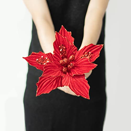 Red Velvet Christmas Poinsettia Flower Picks - 6pcs 10-Inch Holiday Decor
