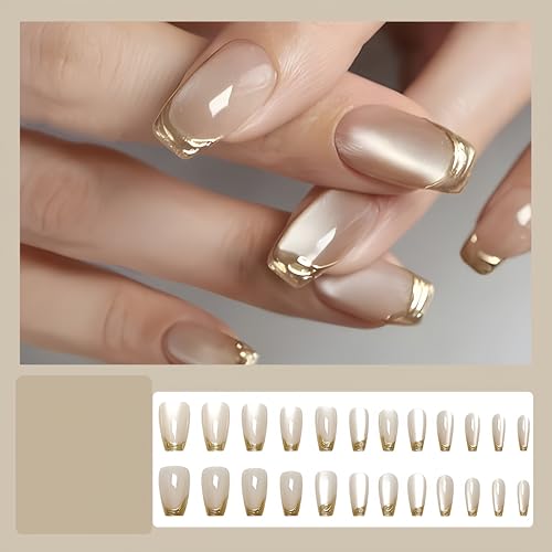 Nude and Gold French Tip Press On Nails Medium Square False Nails Kit