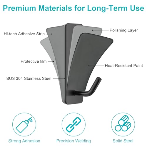 Small Stainless Steel Adhesive Hooks - 6 Pack, No Damage, Black