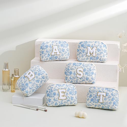 JOVAKIT Blue Floral Initial Makeup Bag - Letter K Travel Pouch
