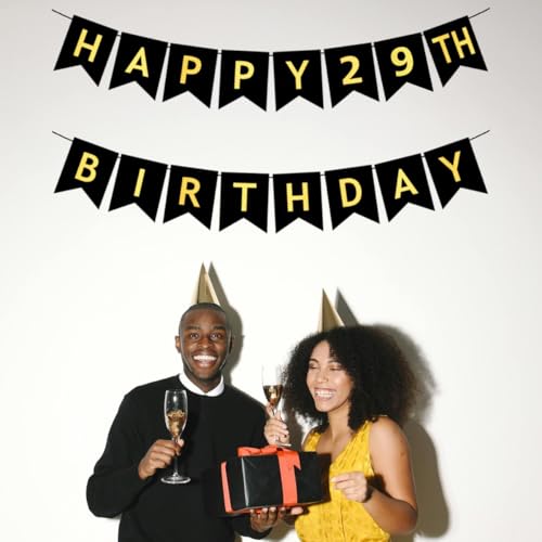 JUTTIRA Happy 29th Birthday Banner Black and Gold Party Decorations