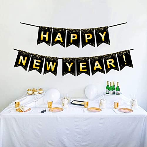 10FT Black and Gold Happy New Year Banner for Party Decorations