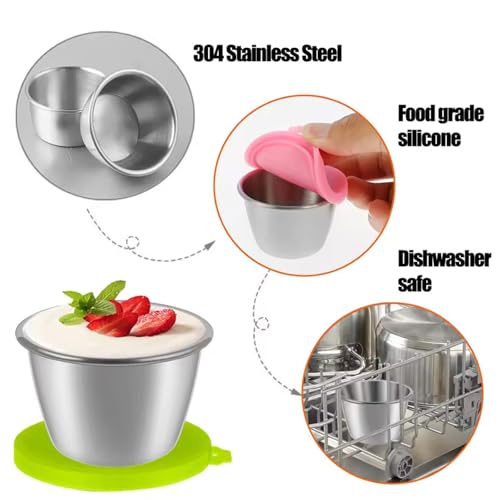 PandaEar 6 Pack Stainless Steel Condiment Containers - 2.4 oz Leakproof Cups with Silicone Lids