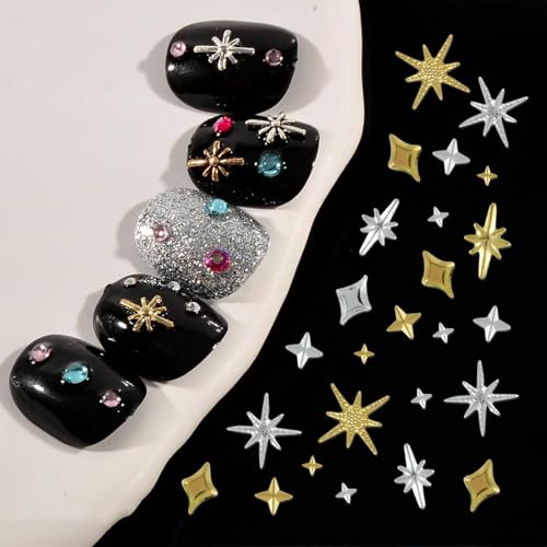 ABEJFIC 400Pcs 3D Gold and Silver Star Nail Charms Metallic Studs