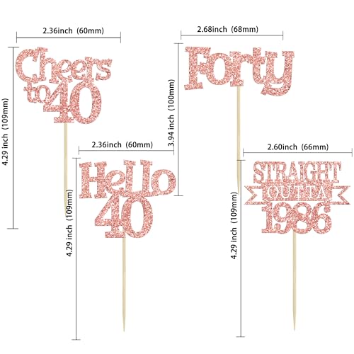 Ephlyn 24Pcs Rose Gold 40th Birthday Cupcake Toppers Glitter Picks