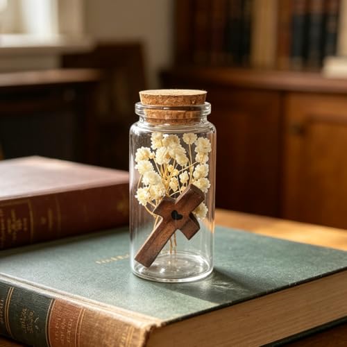 Wooden Cross Fidget Decor with White Baby's Breath in Glass Vial - Christian Gift, Anxiety Relief, Mini Desk & Shelf Decor