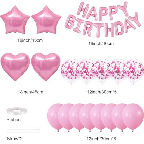 Pink Happy Birthday Banner & Star Balloons Set - 30pcs