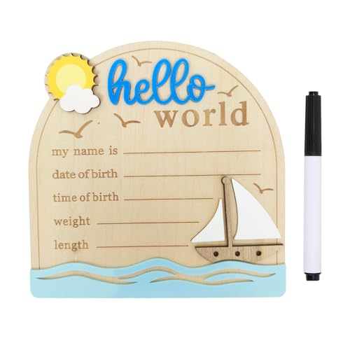 Baby Announcement Sign 5.9 Inch Wooden Hello World Newborn Sign with Pen