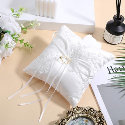 Elegant White Cotton Wedding Ring Bearer Pillow with Lace Trim