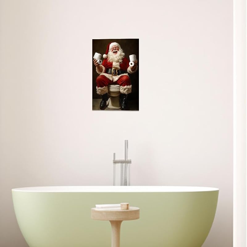 Doartdo Santa on Toilet Christmas Bathroom Wall Art - 16 x 24 Black Framed Canvas