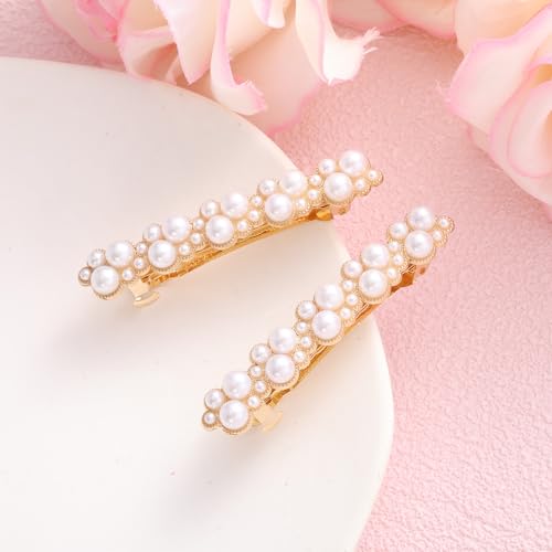 Pearl Hair Clips for Women Gold Metal Snap Barrettes 2-Pack