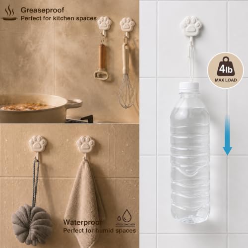 Cream White Paw Design Self-Adhesive Wall Hooks - No Drill, Damage-Free