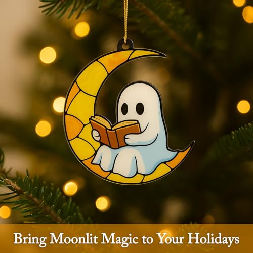Ghost Reading Ornament - Stained Glass Style Book Decor