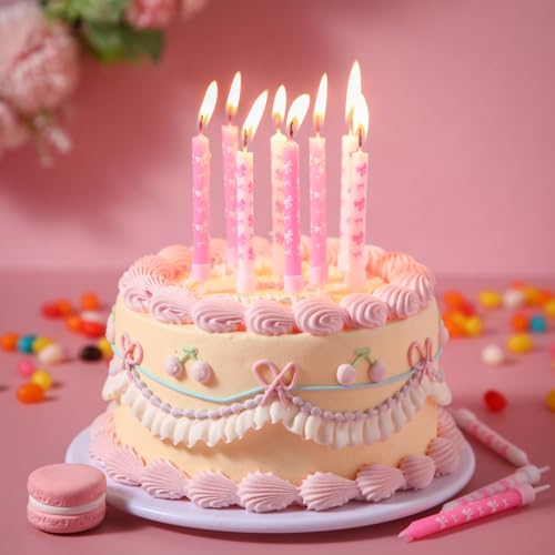 Conelist 12 Pink Bow Birthday Candles for Cake, Coquette Aesthetic, Pink & White