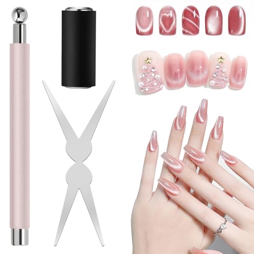 3Pcs Cat Eye Magnet Kit for Nails - 3-in-1 Tool with Scissor & Cylinder Magnets for Gel Polish Designs