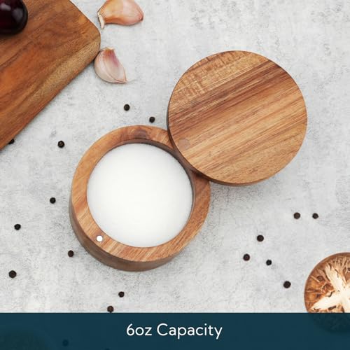 KITCHENDAO Acacia Wood Salt Cellar, 6oz Magnetic Swivel Lid Spice Box