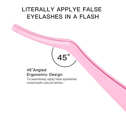 Miuffue Stainless Steel Lash Applicator Tool - Pink Curved Eyelash Tweezers for Cluster and Strip Lashes