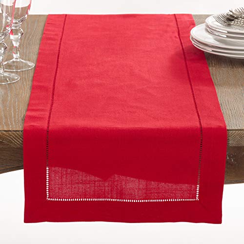 Hemstitch Table Runner - Textured Fabric, Red, 16x45 inches - Elegant Dining Decor