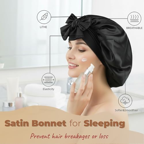 Cocosilk Black Satin Sleep Bonnet with Adjustable Tie Band for Curly Hair