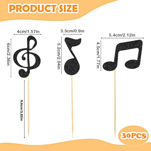 Black Glitter Musical Note Cupcake Toppers 30pcs for Music Parties