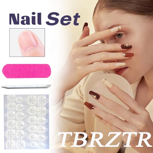 Long Coffin Press on Nails Rhinestone Gold Glitter French Fake Nails