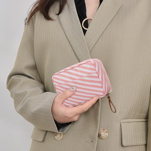 DOB SECHS Mini Striped Nylon Cosmetic Bag & Travel Makeup Pouch, Pink