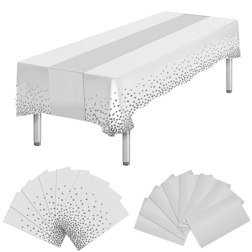 White and Silver Plastic Table Cloth & Satin Table Runner Set - 16 Pack