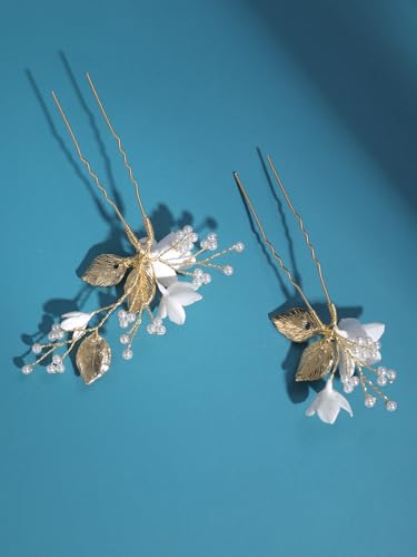 Bridal Hair Pins White Flower Gold Leaf Pearls - SELFCLOUD