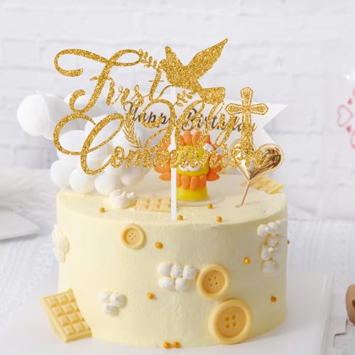 First Holy Communion Cake Topper - Gold Decoration for Parties