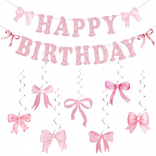 Pink Bow Birthday Banner Set with Happy Birthday Decorations
