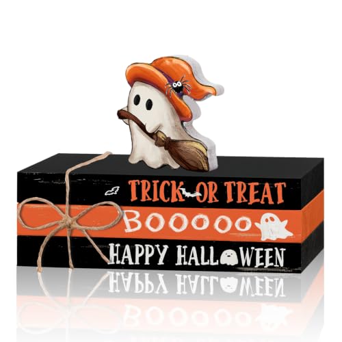 Halloween Wooden Stack Decor - Mini Faux Books with Ghost Design