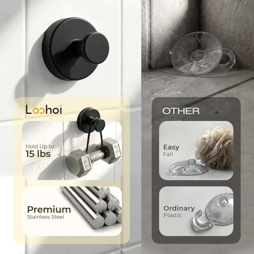 LOOHOI Heavy Duty Suction Cup Hooks - 4 Pack Black Stainless Steel Towel Hooks