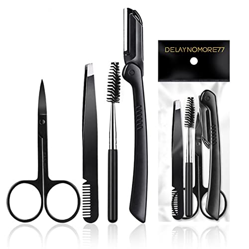 5-Piece Eyebrow Grooming Kit with Razor, Tweezer, Scissor, Eyelash Curler & Storage Bag
