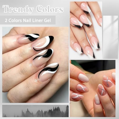 MEET ACROSS Black and White Nail Art Liner Gel Polish Set with Built-In Brush