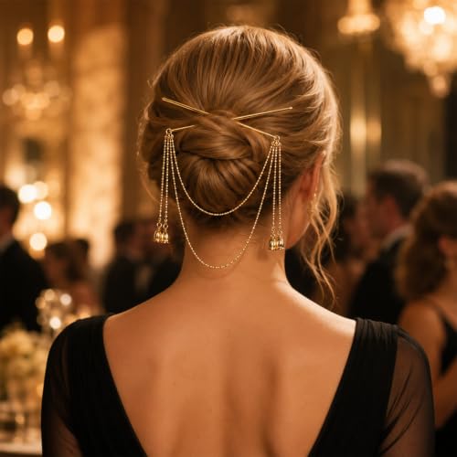 Vintage Gold Hair Pins with Tassel Chains Chinese Style Hair Stick