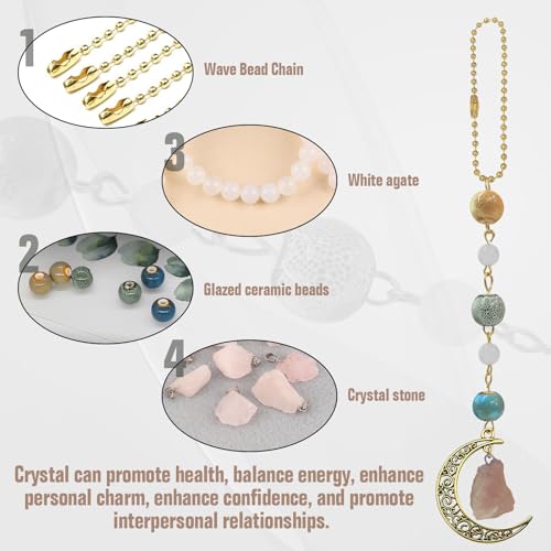 Boho Moon Car Charm with Crystals and Ceramic Pendant for Rearview Mirror, Women's Car Decor