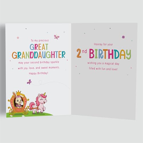 Great-Granddaughter 2nd Birthday Card, Princess & Unicorn A5 Greeting Card