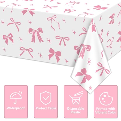 4 Pcs Pink & White Bow Table Cloths for Birthday Parties - 51 x 86 in