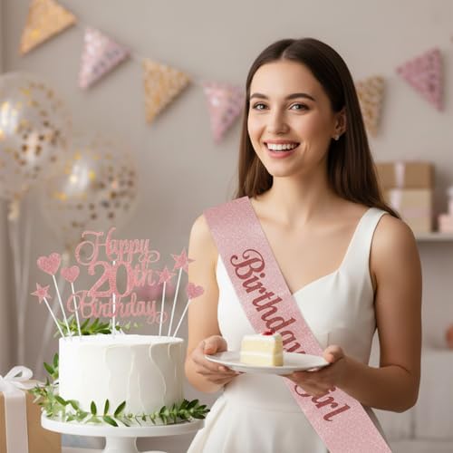 Happy 20th Birthday Cake Topper Set with Rose Gold Decorations