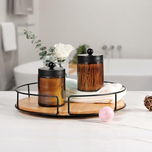 Amolliar Amber Glass Apothecary Jars, 8oz Bathroom Vanity Organizer - 2 Pack Black