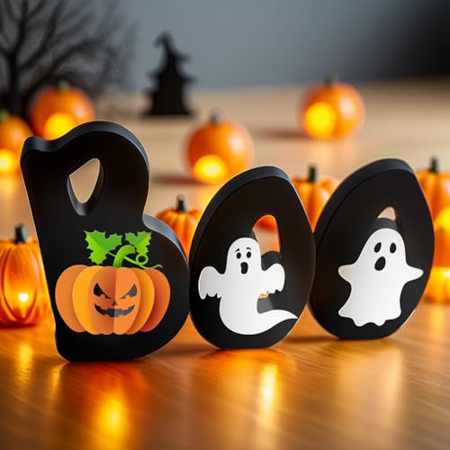 LLPMutu Wooden BOO Sign Halloween Table Decoration with Pumpkin and Ghost