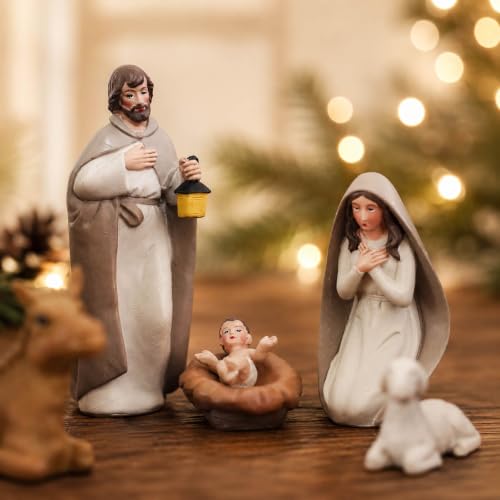 Brown Resin Nativity Set with 10 Figurines - Indoor Christmas Scene, 4.8 Inch - Variation of Brown