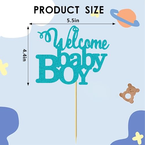 Blue Glitter Welcome Baby Boy Cake Topper for Baby Showers
