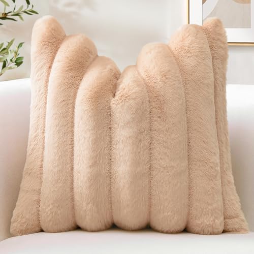 Camel Faux Rabbit Fur Throw Pillow Cover 18x18 Inch - Cozy Plush Cushion for Sofa & Bed