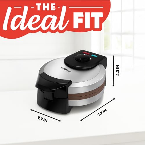 Gourmia Belgian Waffle Maker – Compact Design with Upright Storage, Adjustable Browning, and Easy-Clean Nonstick Ceramic Plates, Stainless Steel
