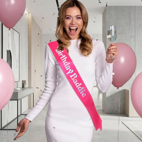 Pink Birthday Sash with Shimmering Lettering for Women Party Decor